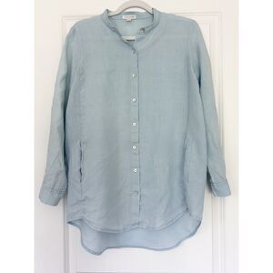 Eileen Fisher Organic Linen Button Front Tunic Shirt Light Blue Petite PS/PP